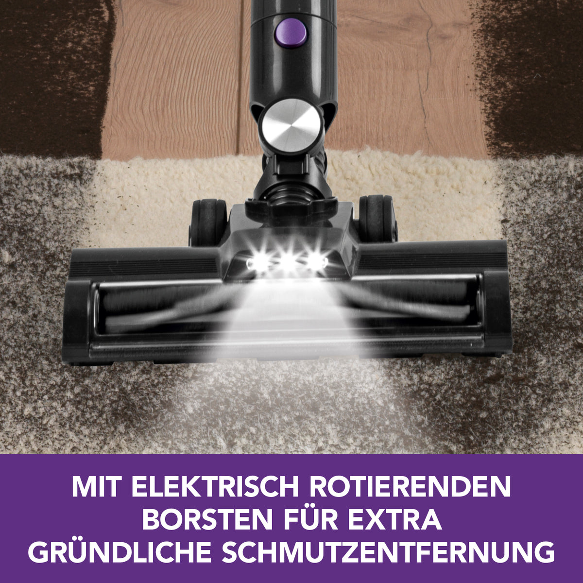 Akku-Zyklon-Staubsauger Digital-Display mit elektrisch rotierender Borstenbürste für gründliche Reinigung auf Teppich und Hartboden.