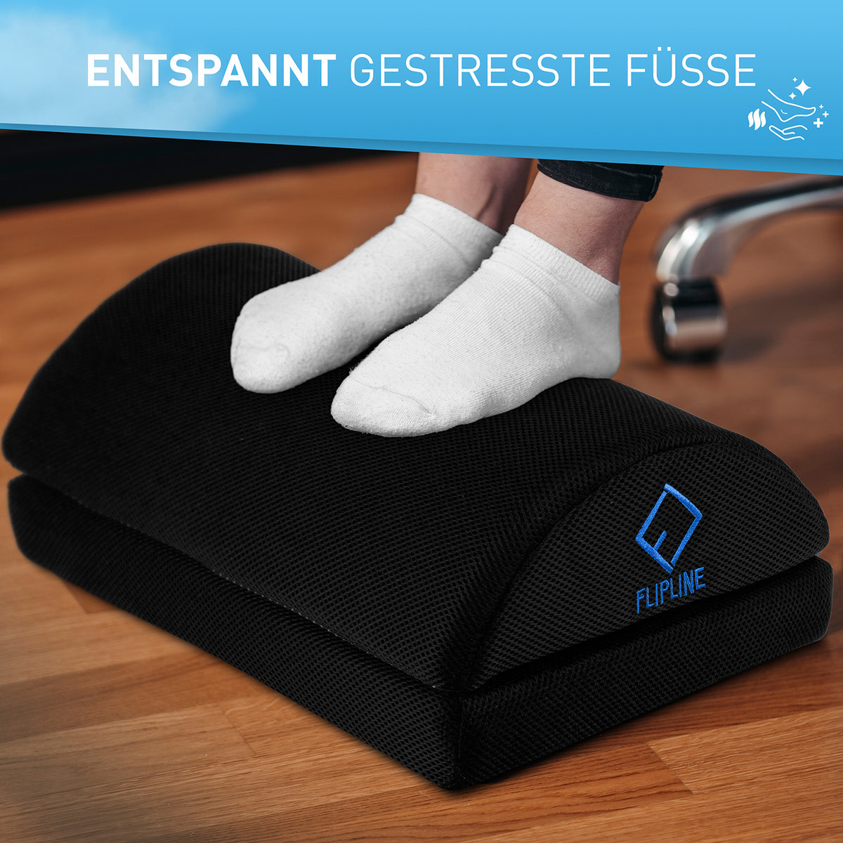 Schreibtisch-Fußstütze Mesh - Schwarz mit softem Netzbezug, höhenverstellbar für Komfort und bessere Körperhaltung am Arbeitsplatz.