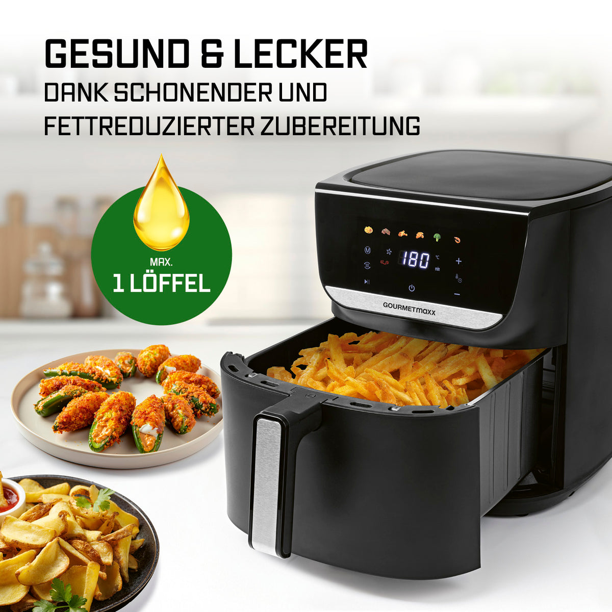 Heißluftfritteuse - 7,5 Liter mit 9,5 Zoll LED-Touchdisplay für fettarmes Frittieren und Familienportionen.