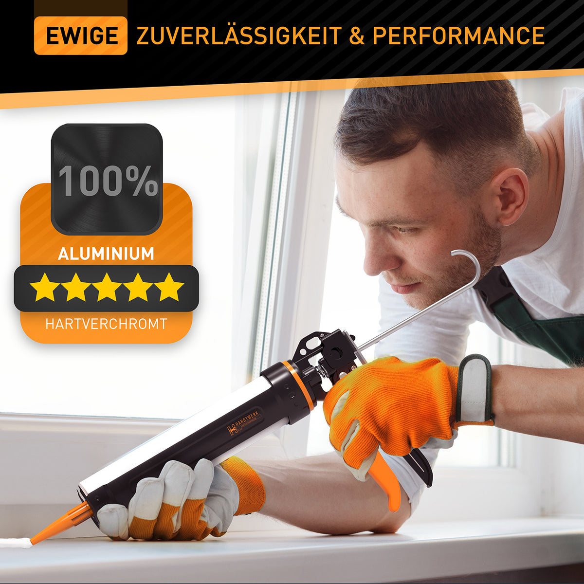 Profi Kartuschenpresse mit Kartuschen-Cutter aus Aluminium, präzise Dosierung und 360° Rotation für einfache Anwendung.