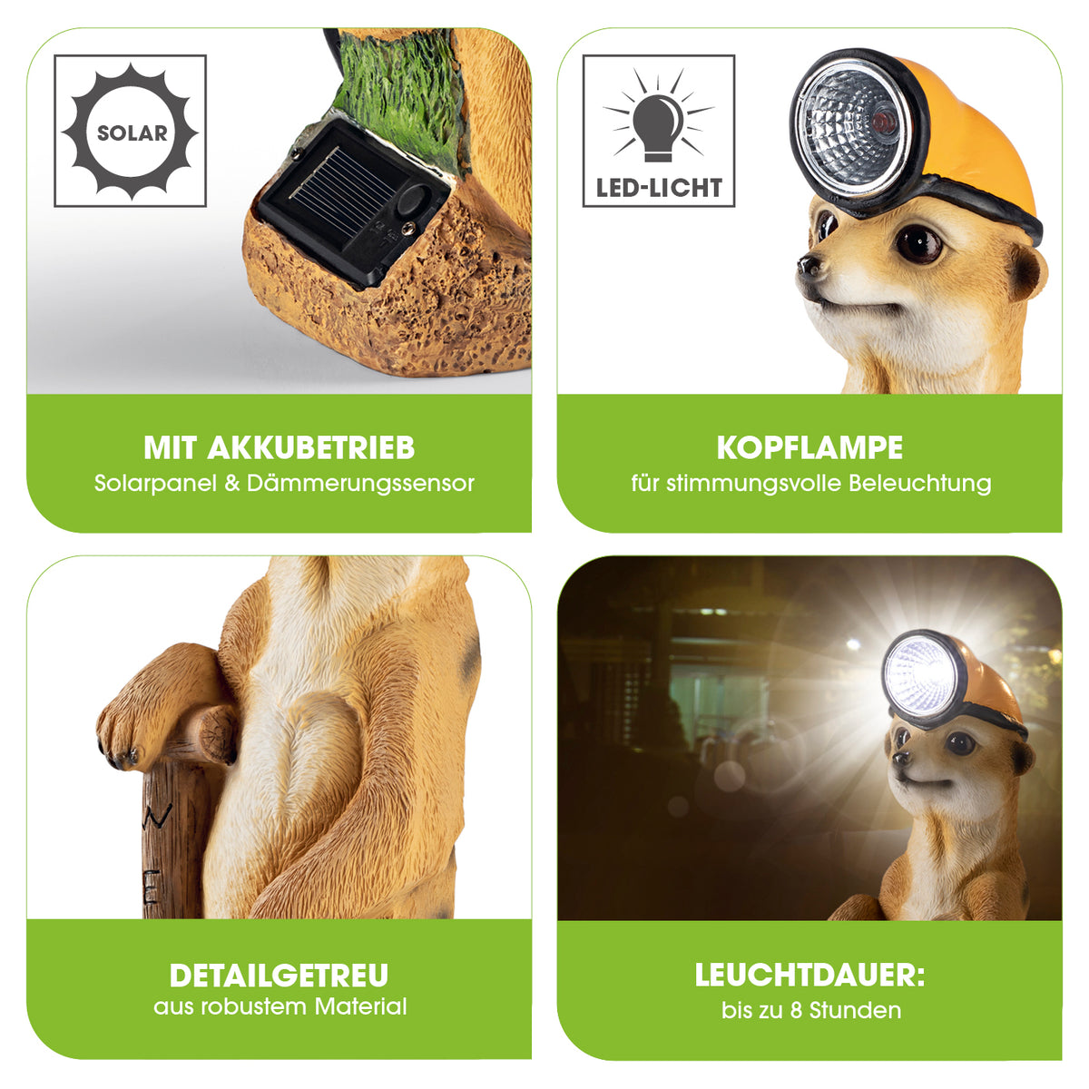 Solarleuchte Erdmännchen als Bergarbeiter mit LED-Kopflampe, Solarpanel, Dämmerungssensor und detailgetreuer Bemalung.