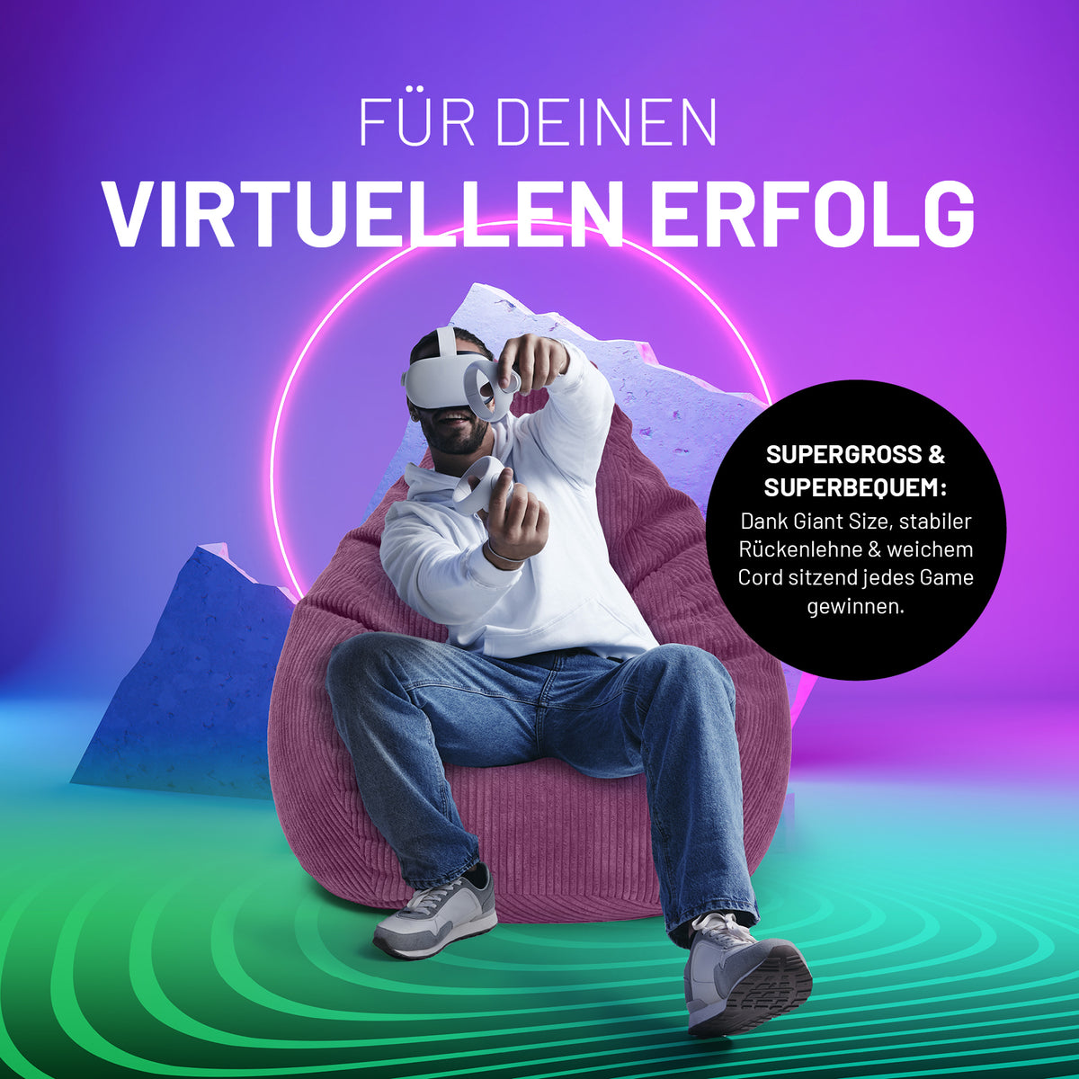 Mann mit VR-Brille sitzt entspannt auf Sitzsack GIANT aus der Cord-Reihe – Weinrot, modern und komfortabel für Gamer.