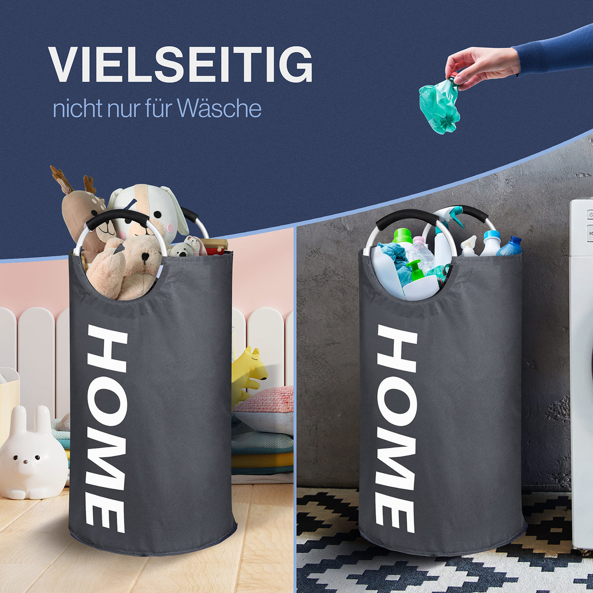 Faltbarer Wäschekorb - Grau - 82 Liter, großer, vielseitiger Wäsche- und Sammelkorb aus wasserabweisendem Polyester mit Tragegriffen.