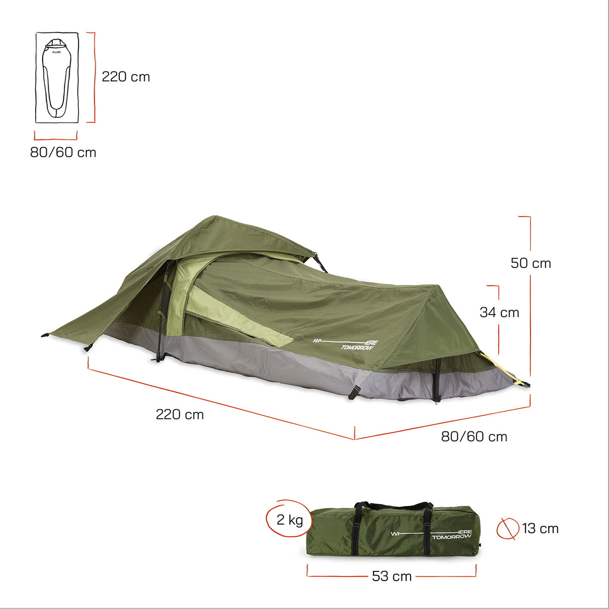 1-Personen-Zelt - Rechteck - 220x80x50 cm - Grün, ultraleicht, kompakt, schnell aufbaubar, ideal für Wanderungen und Outdoor-Aktivitäten.