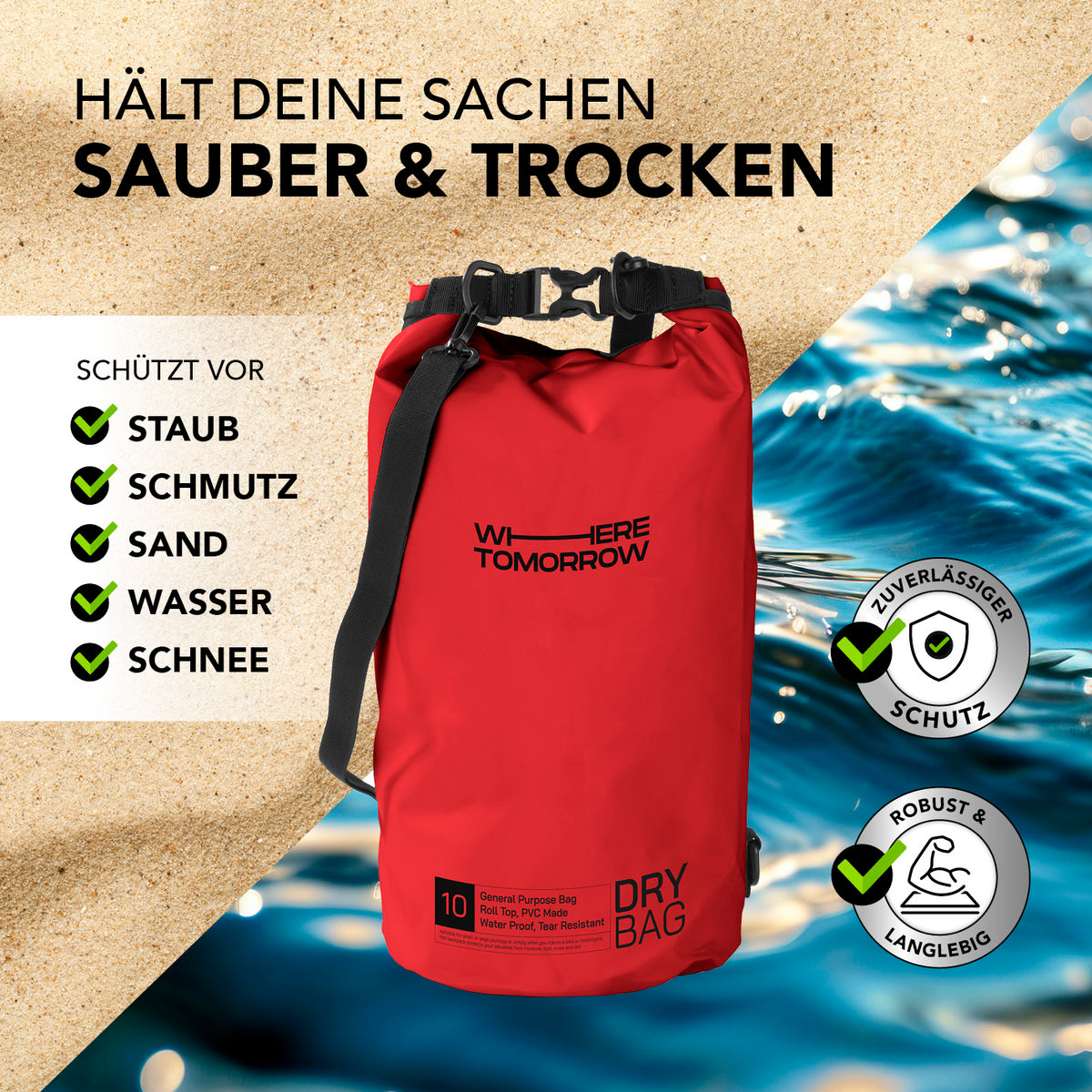 Dry Bag 10L - Style 01 - Rot, wasserdichter, robuster Outdoor-Rucksack zum Schutz vor Staub, Wasser, Sand und Schnee.