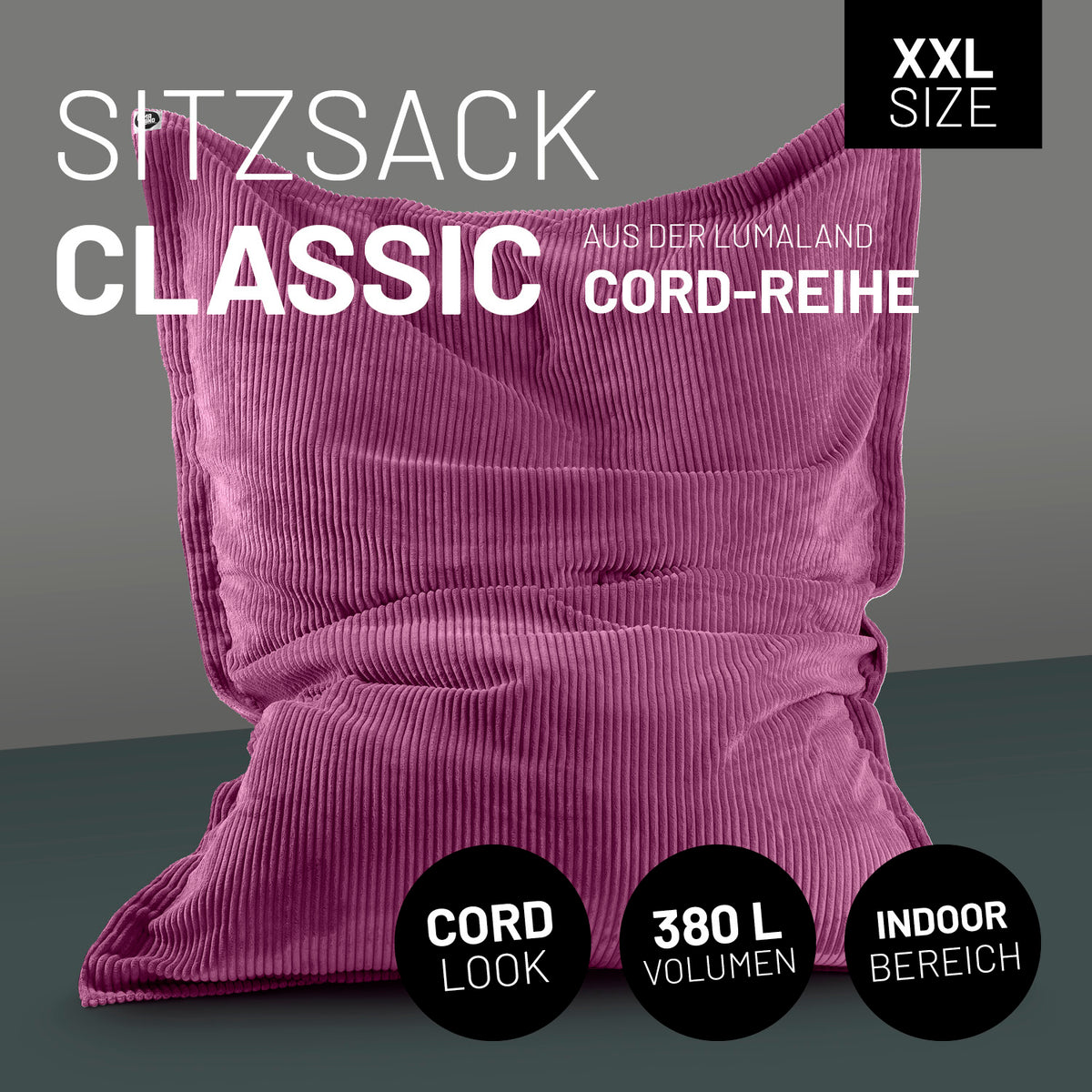 Sitzsack Classic XXL aus der LUMALAND Cord-Reihe 380 L 140 x 180 cm Weinrot mit trendigem Cord-Bezug und robustem Design für drinnen