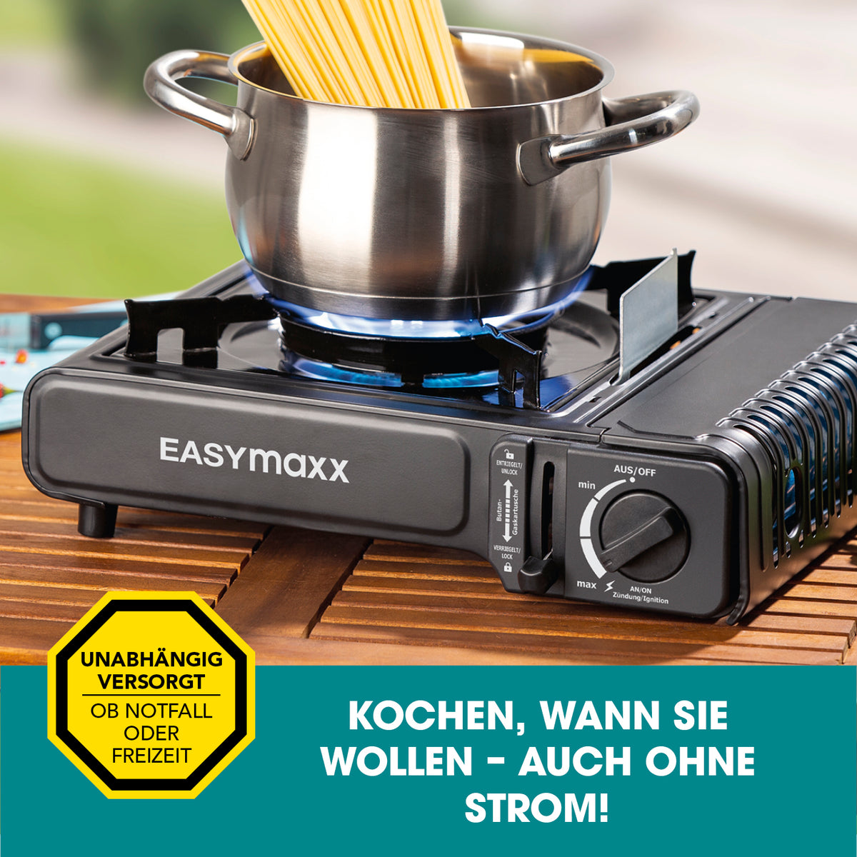 Gaskocher tragbar 2500W - Schwarz mit stabilem Metallgehäuse, Piezozündung und stufenloser Regulierung für Camping und Notfälle.
