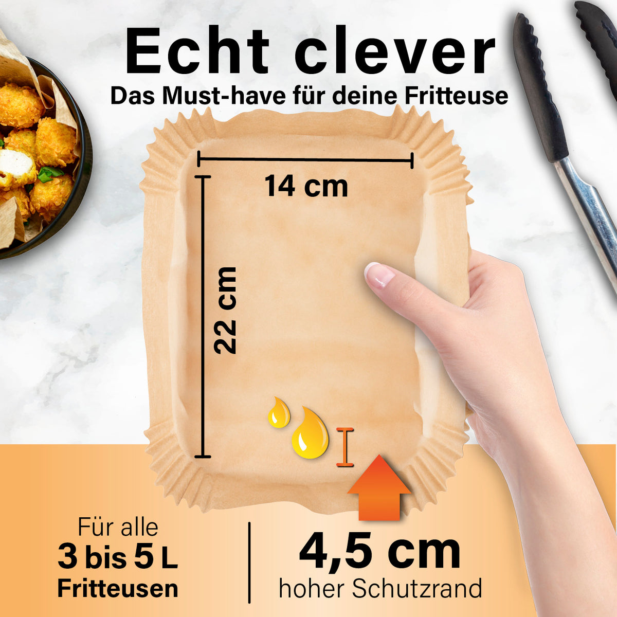 Backpapierschalen für Doppelkorb-Heißluftfritteusen 3–5 l, 100 Stück mit 4,5 cm Rand für saubere, robuste und hitzebeständige Anwendung
