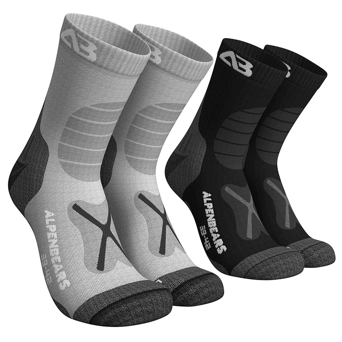Wandersocken Merinowolle - 2er-Set Grau-Schwarz Größe 35-38, atmungsaktiv, gepolstert, anti-Blasen, ideal für Wandertouren.