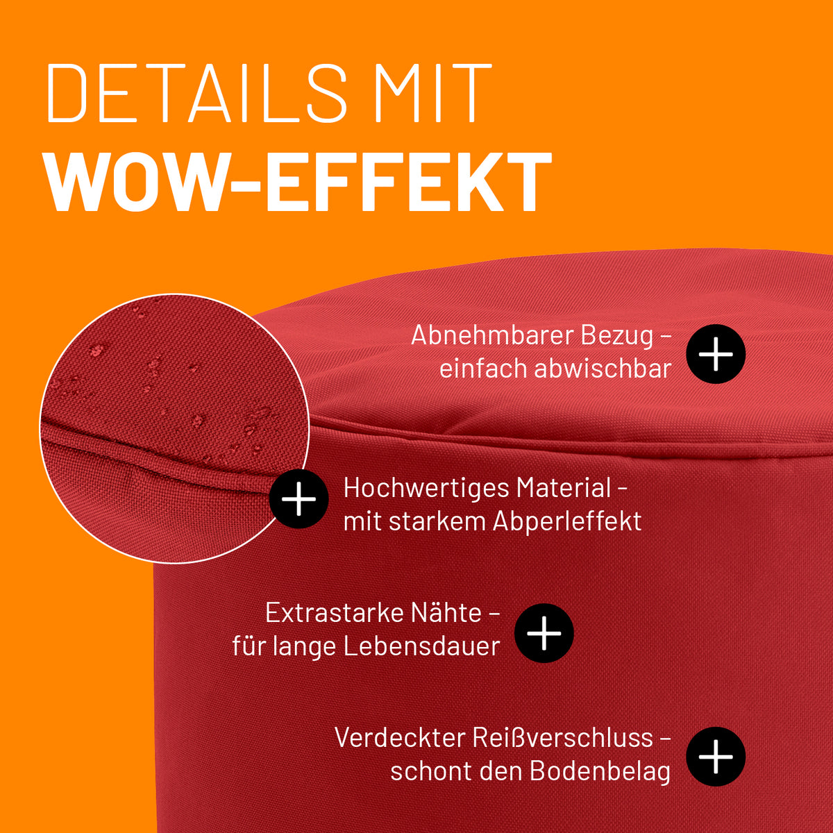 Sitzsack-Hocker/Pouf (50 L) Rot mit abnehmbarem Bezug, starkem Abperleffekt, extrastarken Nähten und verdecktem Reißverschluss für Indoor & Outdoor.