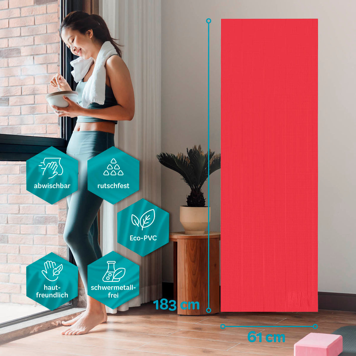 Yogamatte Kirana - 183 x 61 x 0,4 cm - Himbeerrot, weich, rutschfest, abwischbar, hautfreundlich und aus ECO-PVC gefertigt.