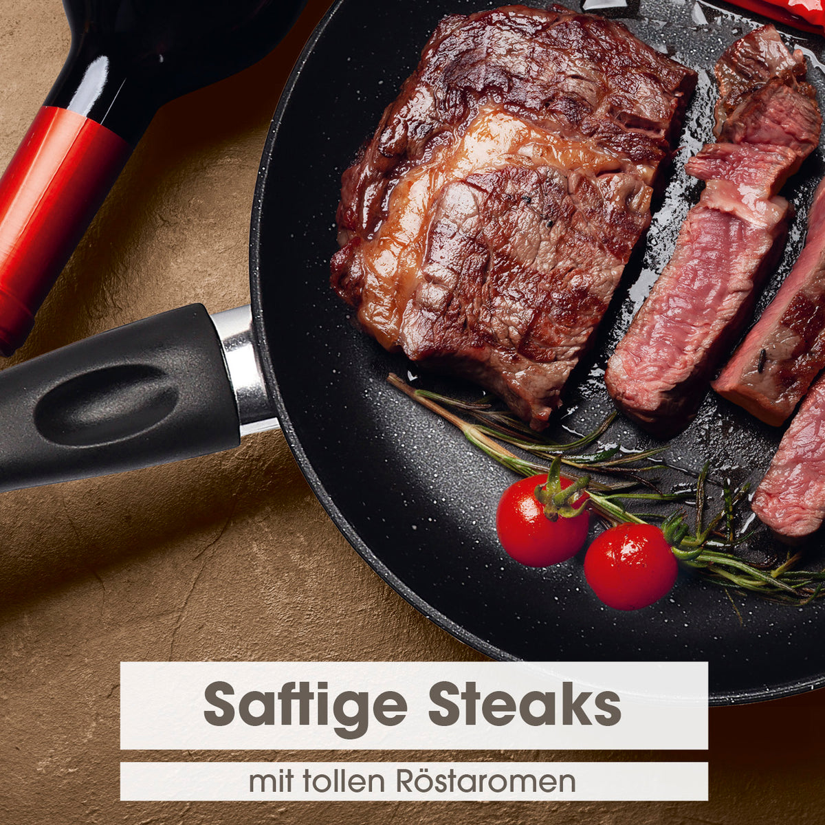 Karbonstahl-Bratpfanne Ø 24 cm mit 2-fach Antihaftbeschichtung, ideal für fettarmes Braten von saftigen Steaks.