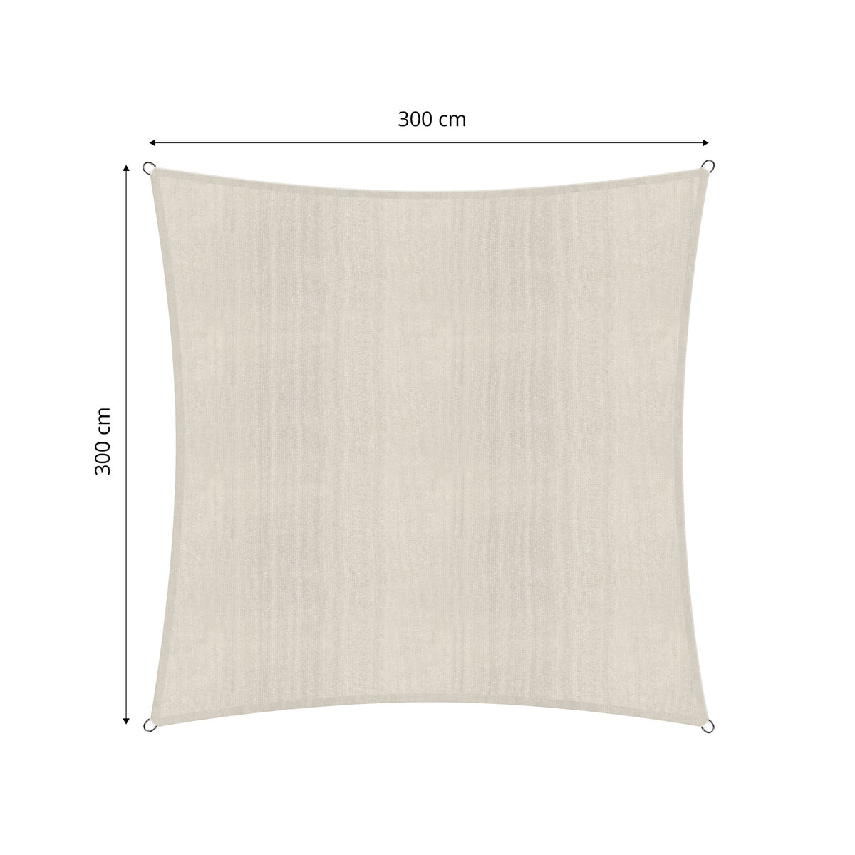 Sonnensegel 100% HDPE mit Stabilisator für UV-Schutz - Quadrat 3 x 3 Meter - Creme in quadratischer Form mit Befestigungsösen.