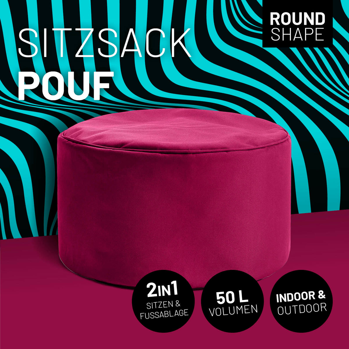 Sitzsack-Hocker/Pouf (50 L) - indoor & outdoor - Rotwein, rund, leicht, robust, vielseitig als Sitz- und Fußschemel nutzbar.