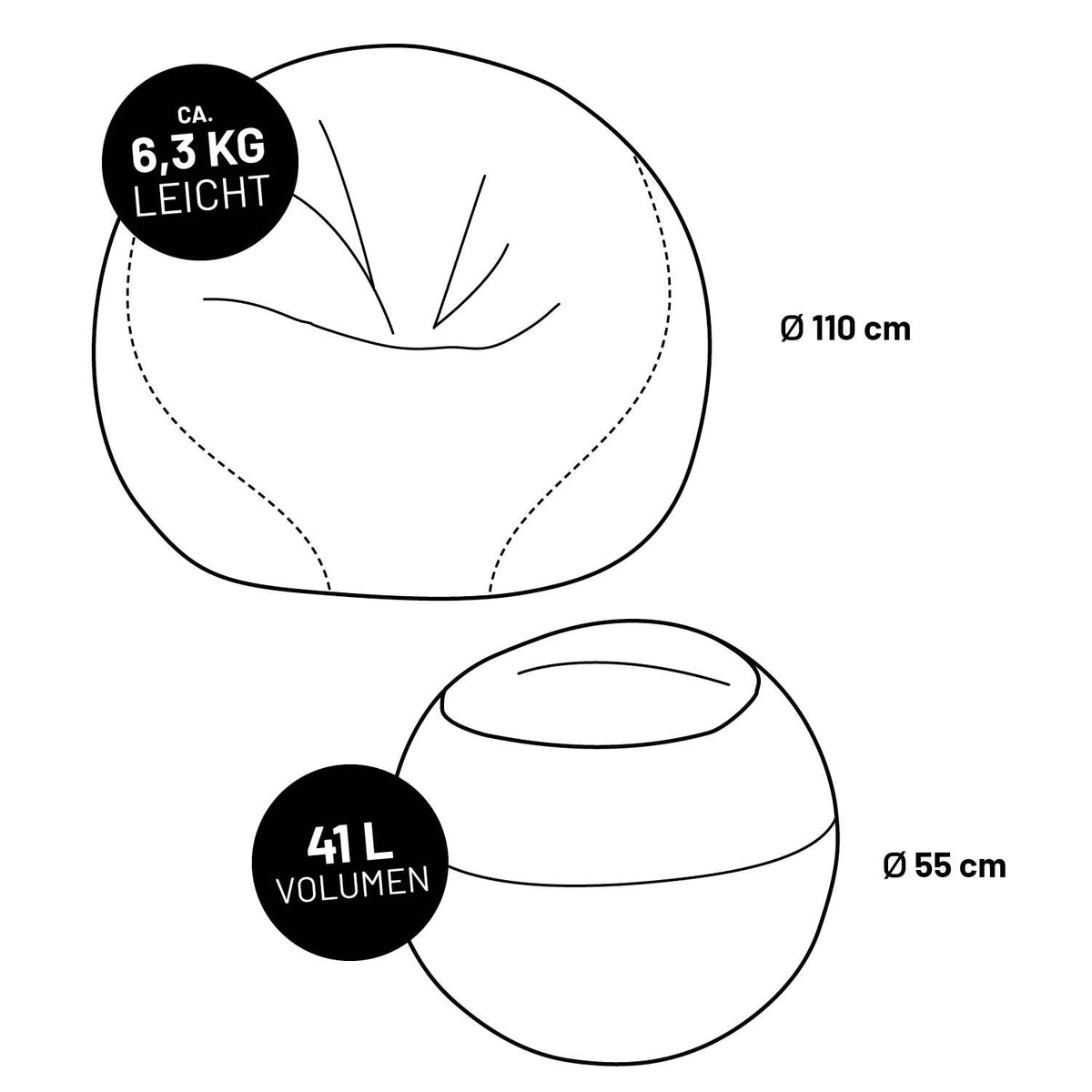 EM 2024 Fan-Lounge 2 + 1 mit 2 x XXL Fußball-Sitzsack Ø110 cm und 41L Fußball-Kühlbox Ø55 cm, leicht und praktisch.