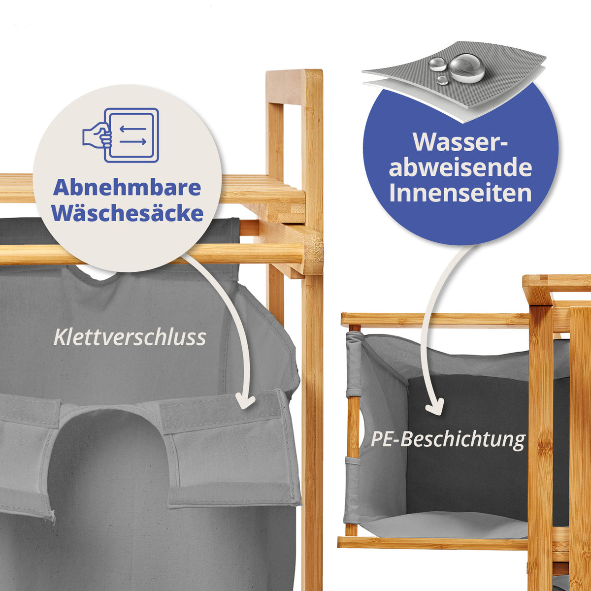 Bambus Wäschekorb mit 2 ausziehbaren Wäschesäcken - 73 x 64 x 33 cm - Dunkelgrau mit abnehmbaren, wasserabweisenden Wäschesäcken und Klettverschluss.