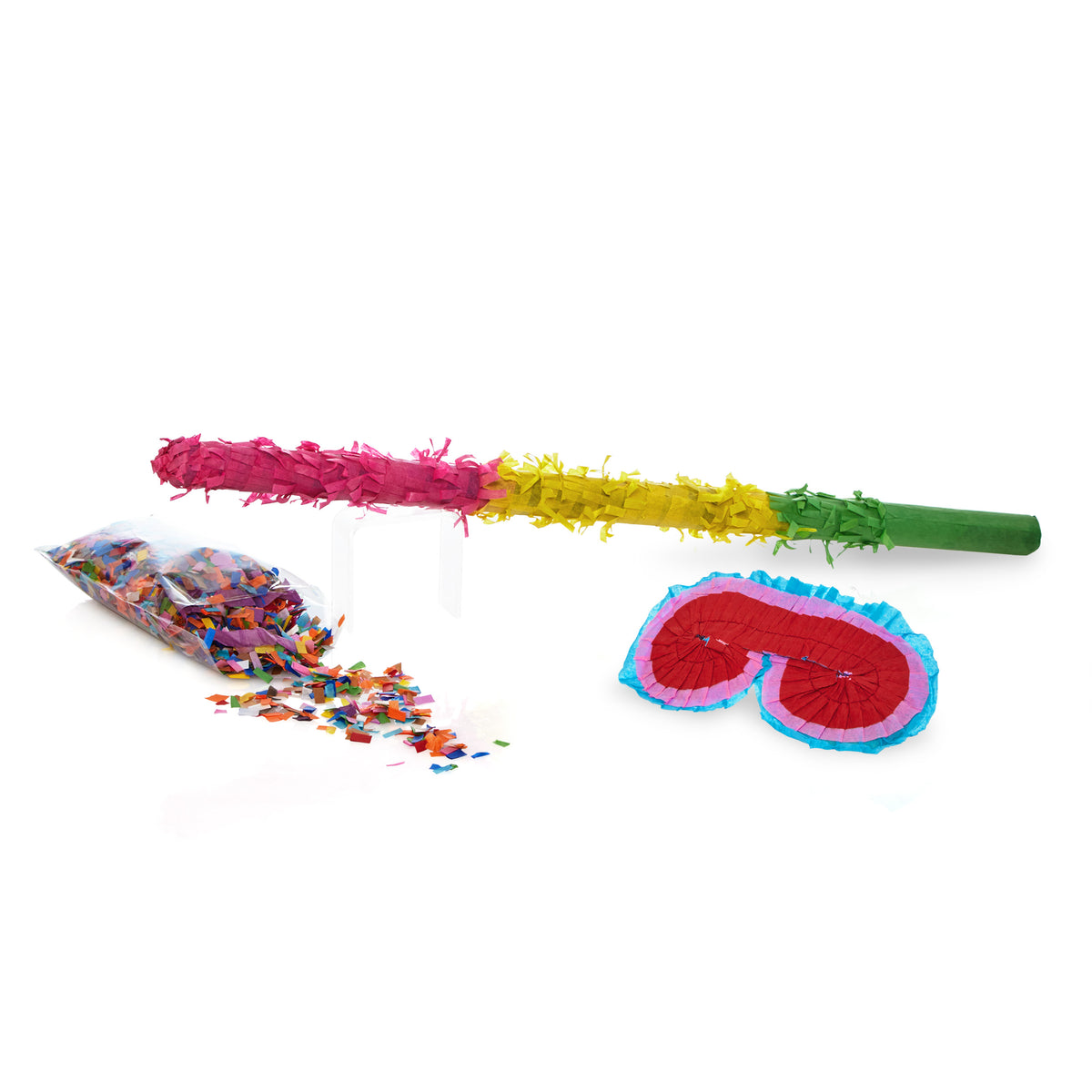 Pinata Set zum Befüllen inkl. Schläger & Augenbinde "Beat The Virus" mit buntem Stock, Maske und Konfetti für Kindergeburtstag.