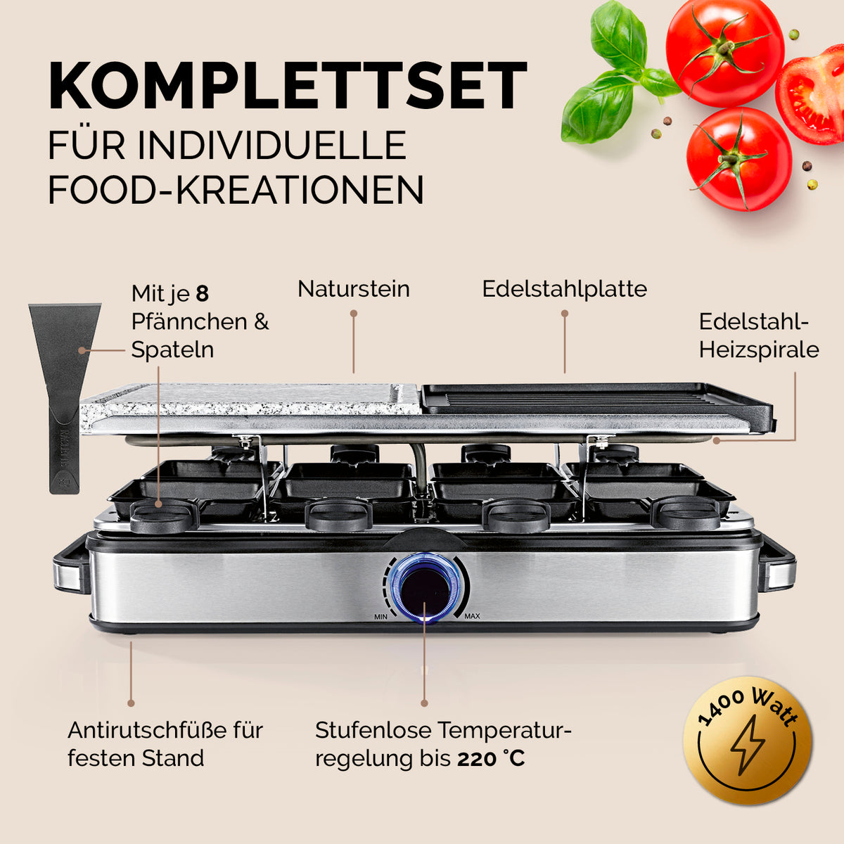 Raclettegrill - 8 Personen mit 8 Pfännchen, Naturstein- und Edelstahlplatte, stufenloser Temperaturregelung und Antirutschfüßen.