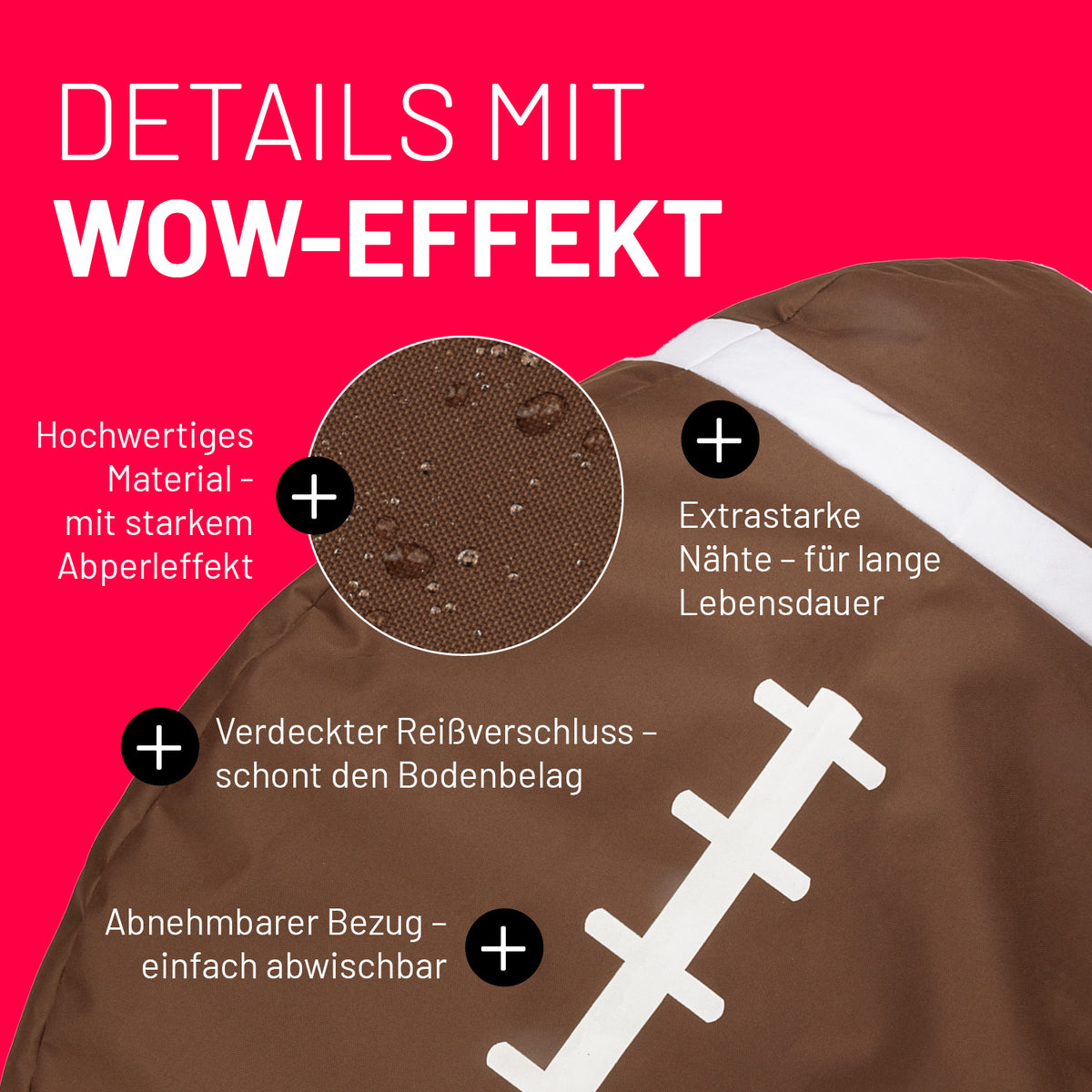 Football-Sitzsack (300 L) mit hochwertigem, wasserabweisendem Material, extrastarken Nähten und verdecktem Reißverschluss für drinnen & draußen.