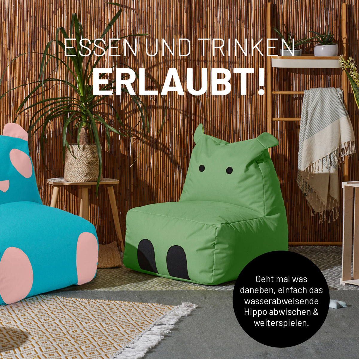 Kindersitzsack Animal Line Hippo (200 L) Stahlgrau, wasserabweisend, weich, robust, für indoor & outdoor, pflegeleicht, mit verdecktem Reißverschluss.