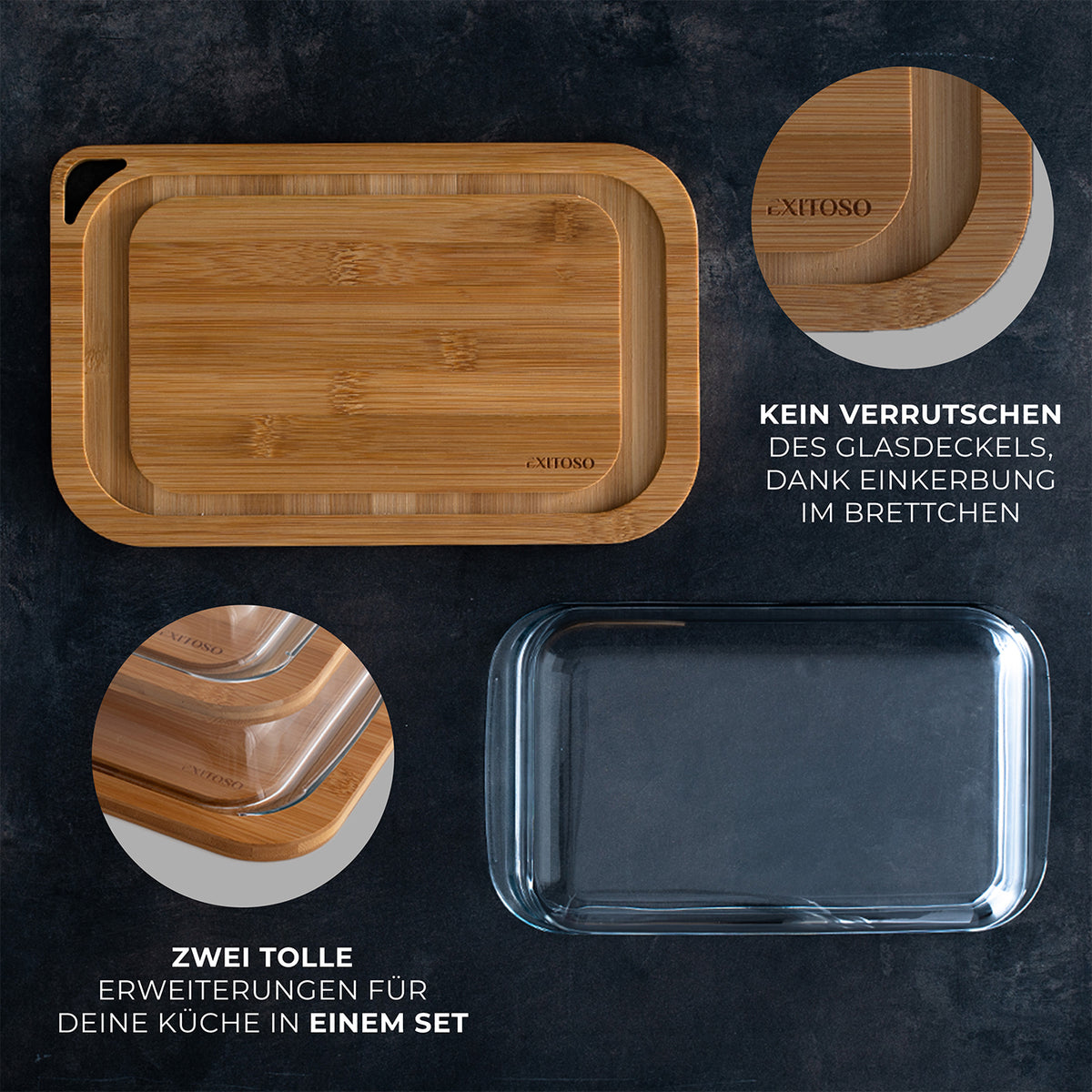 Multifunktionsbrett mit Glaskuppel - 2er Set mit rutschfestem Bambusbrett und stabilem, stapelbarem Glasdeckel für plastikfreie Aufbewahrung.