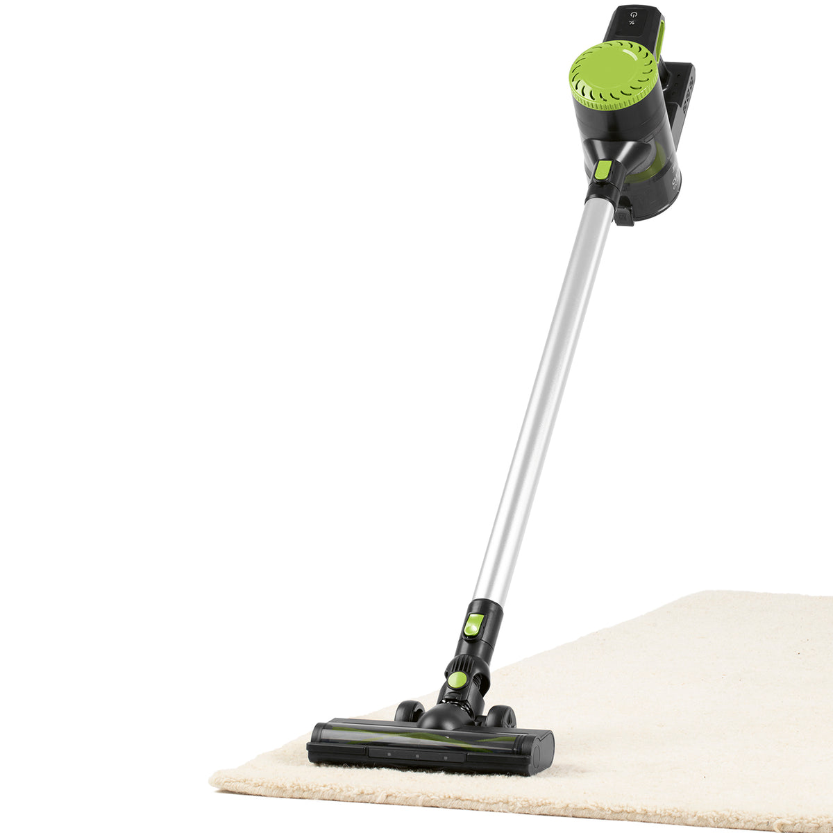 Akku-Zyklon-Staubsauger - schwarz/grün mit 2-Stufen Saugkraft, LED-Bodendüse, 22,2V Akku, 45 Min Laufzeit und HEPA-13-Filter.