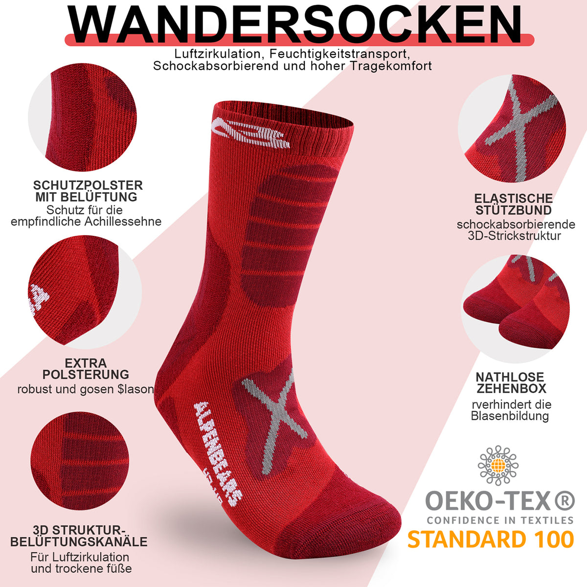Wandersocken Merino Wolle - 2er-Set - Rot - Größe 43-48 mit optimaler Polsterung, Belüftung und Schutz für Wanderungen und Alltag.