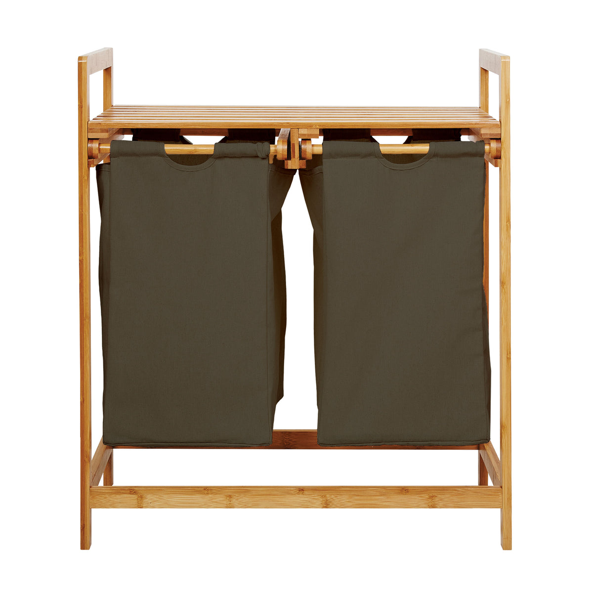 Bambus Wäschekorb mit 2 ausziehbaren Wäschesäcken in Oliv, 73x64x33 cm, stilvoll und pflegeleicht für Wäschesortierung.
