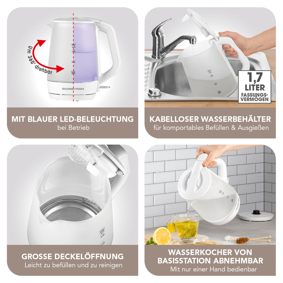 Glas-Wasserkocher mit Frostglas-Design, 1,7 Liter, kabelloser Wasserbehälter, blaue LED-Beleuchtung, große Deckelöffnung, abnehmbar.