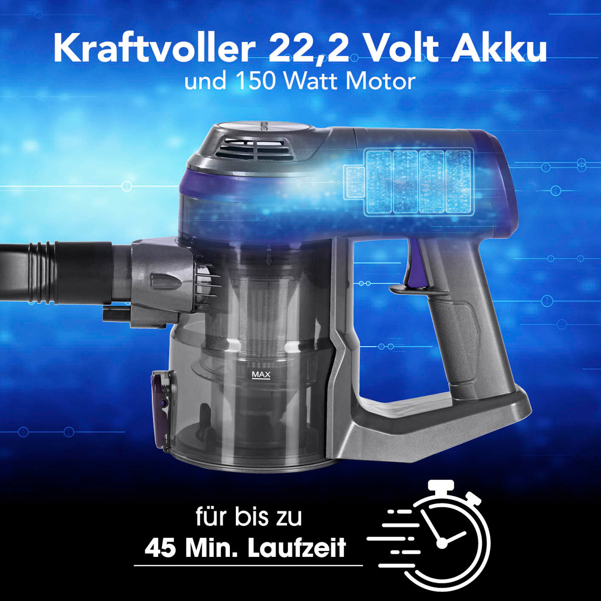 Akku-Zyklon-Staubsauger - anthrazit/lila mit 22,2 Volt Akku, 150 Watt Motor und bis zu 45 Min. Laufzeit für kraftvolles Staubsaugen.
