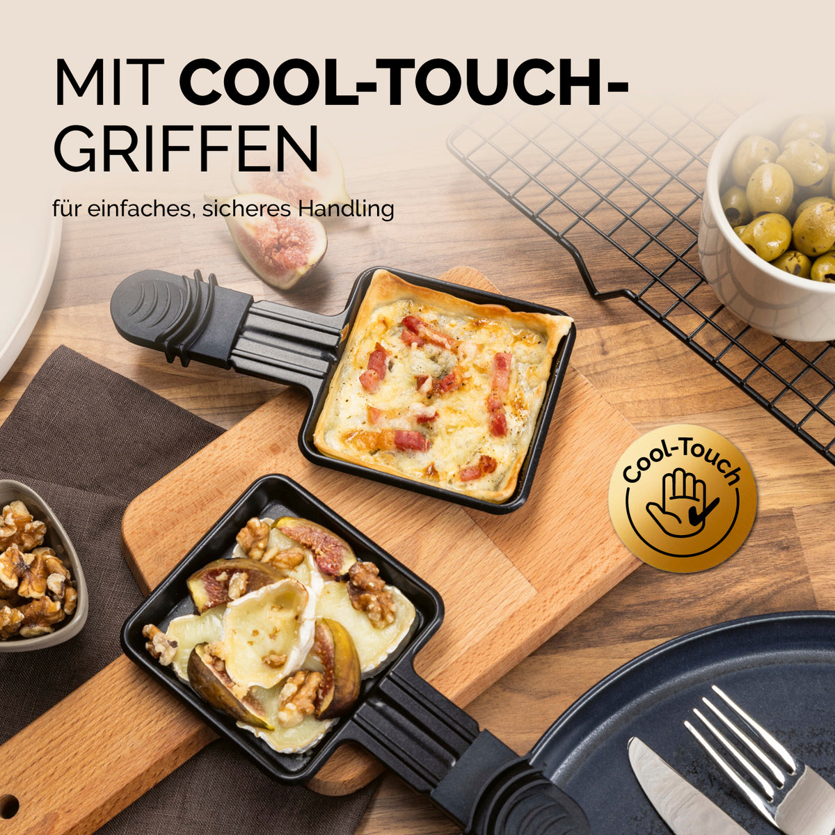 Raclette- und Fondue-Set - 8 Personen mit Cool-Touch-Griffen für sicheres Handling und komfortables Raclette-Erlebnis.