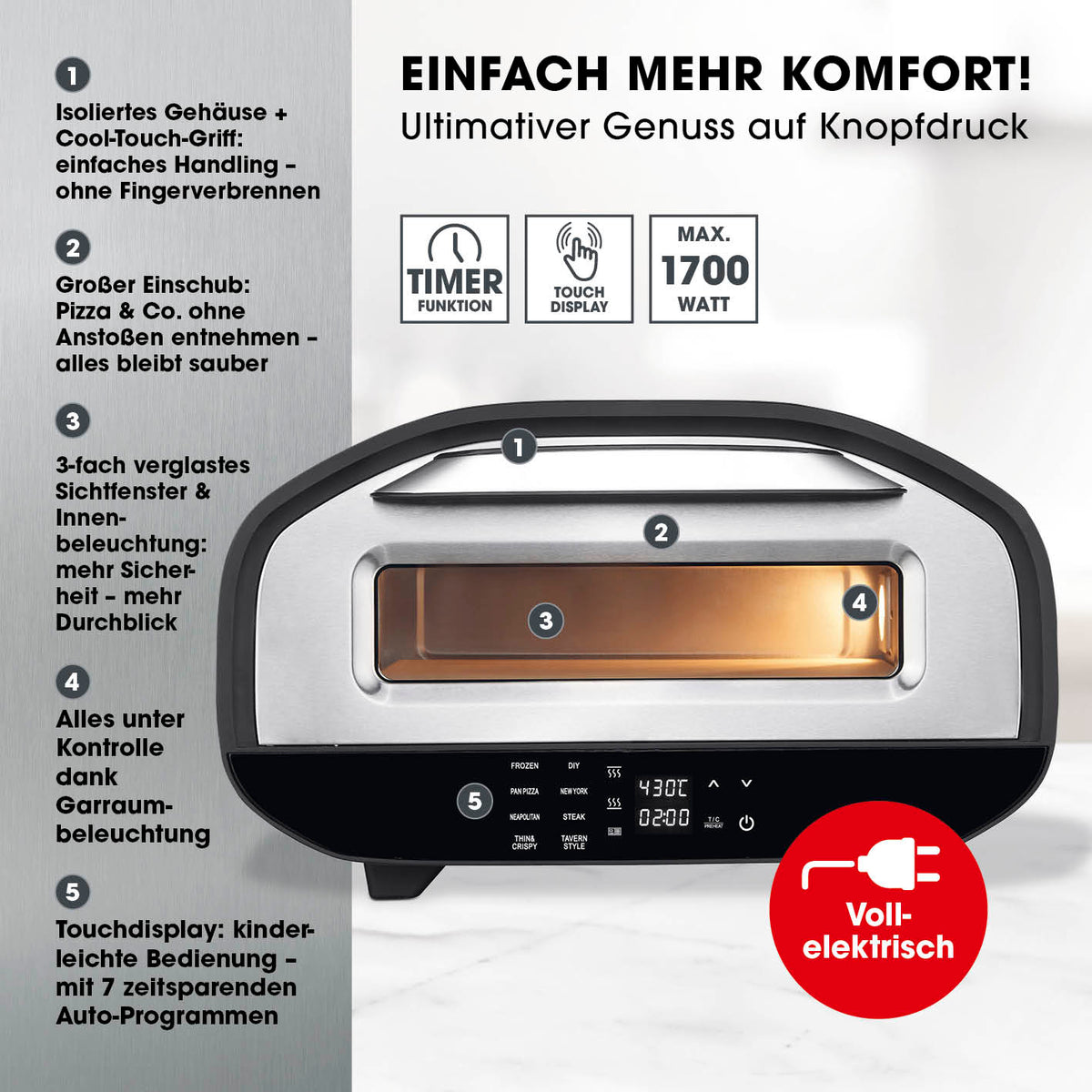 Elektro-Pizzaofen mit Pizzaheber für perfekte Pizza in 2 Min., 1700W, 430°, Touchdisplay, Timer, 3-fach verglastes Fenster.