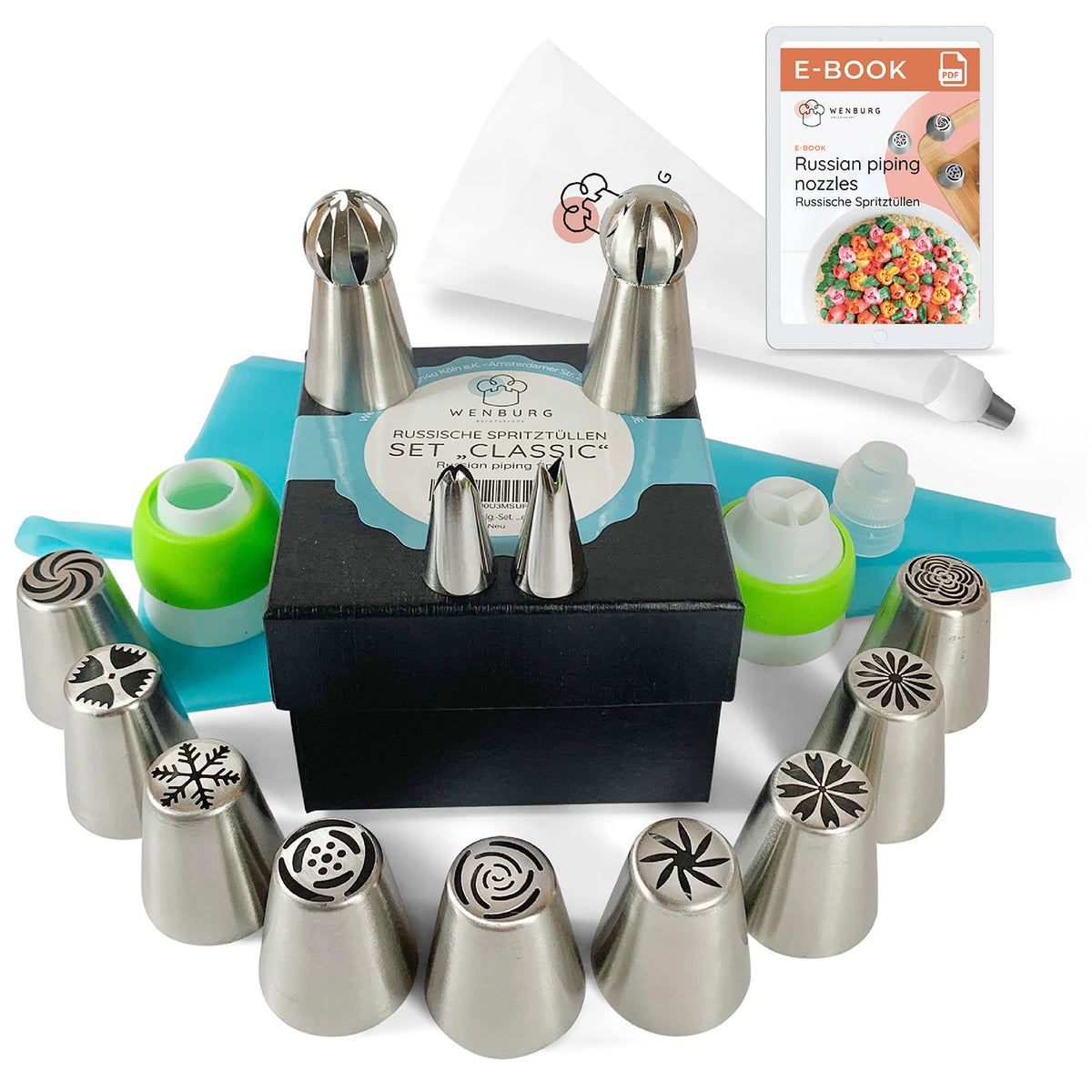 Spritztüllen-Set - 38-teilig mit Edelstahltüllen, Silikonbeuteln, Adaptern und Geschenkbox zum dekorativen Backen und Verzieren