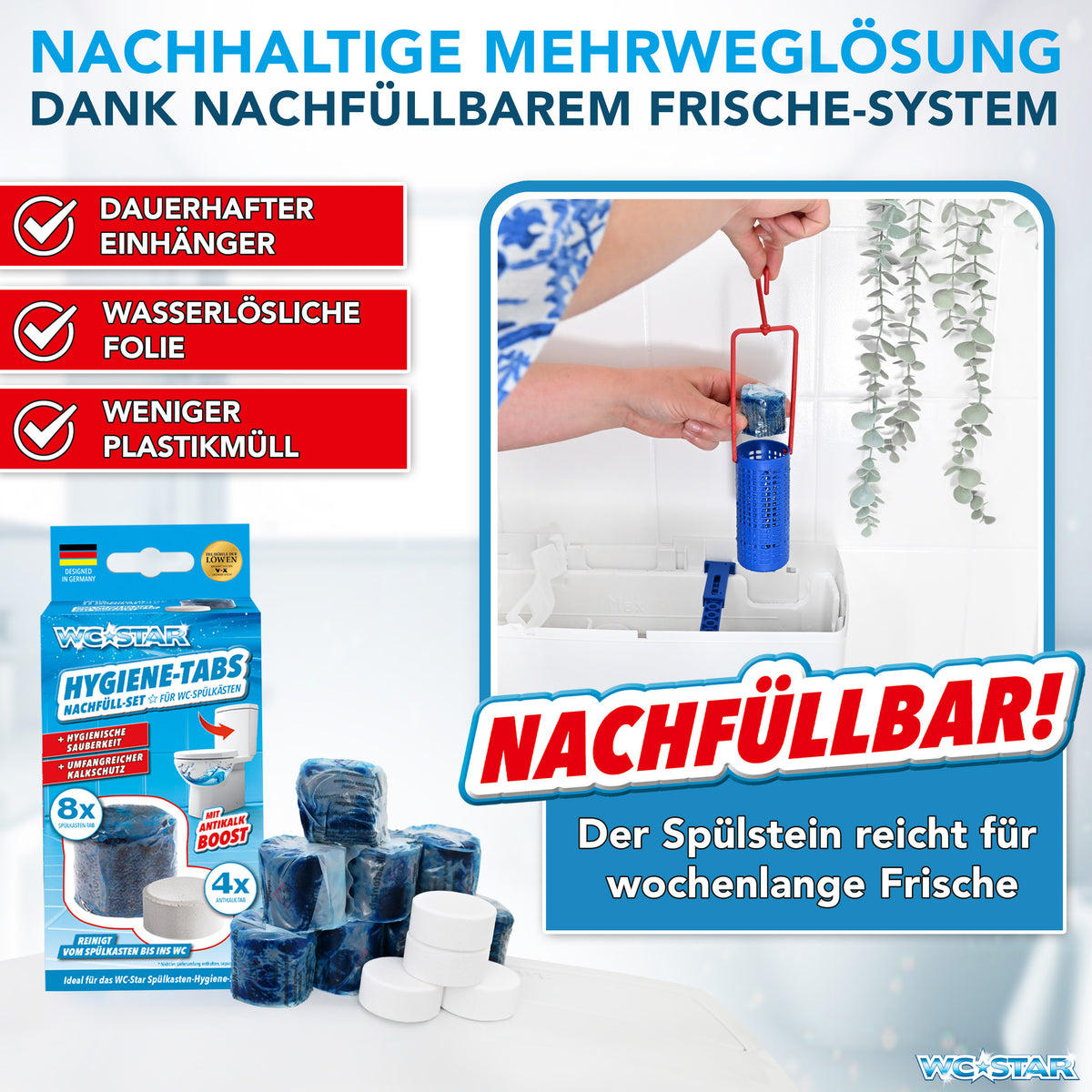 WC-Star Nachfüll-Set (8x Spülkasten-Tab + 4x Antikalk-Tab) für wochenlange Frische und anti-Kalk Schutz im gesamten WC-System.