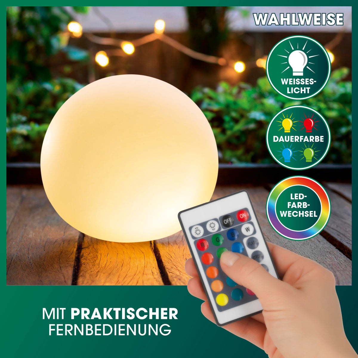 Solar-Dekokugel mit Farbwechsel, warmweißes und LED-Farbwechsellicht, fernbedienbar, solarbetrieben, wetterfest, IP67, mit Erdspieß.