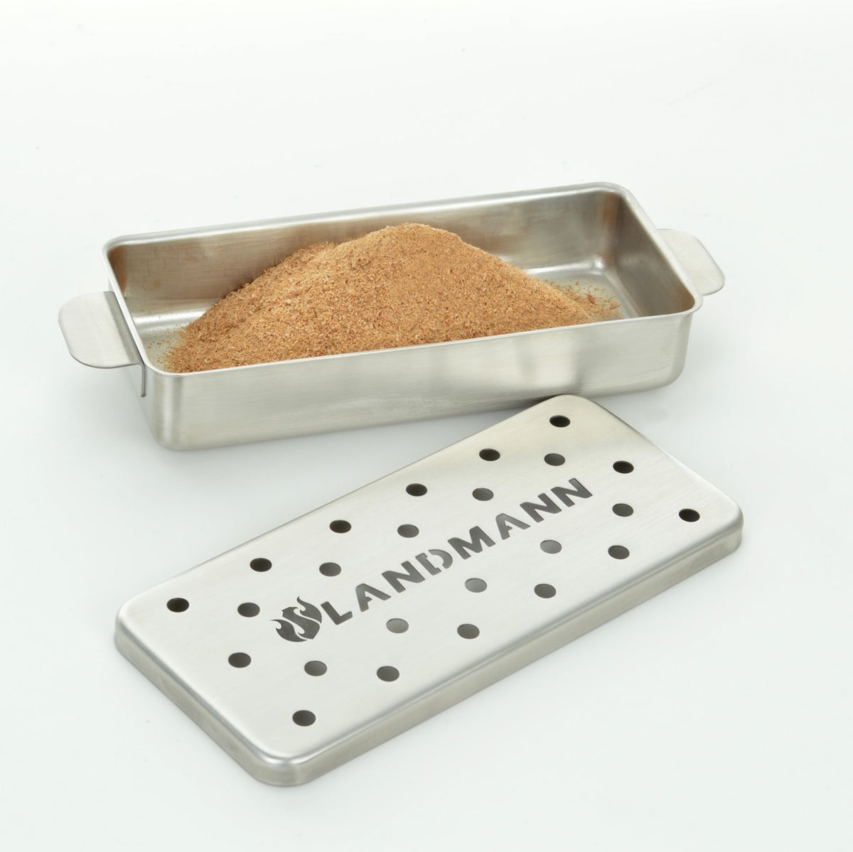 Selection Räucherbox aus Edelstahl mit Deckel und Räuchermehl, geeignet für Gas- und Holzkohlegrills, Fassungsvermögen ca. 700 ml.