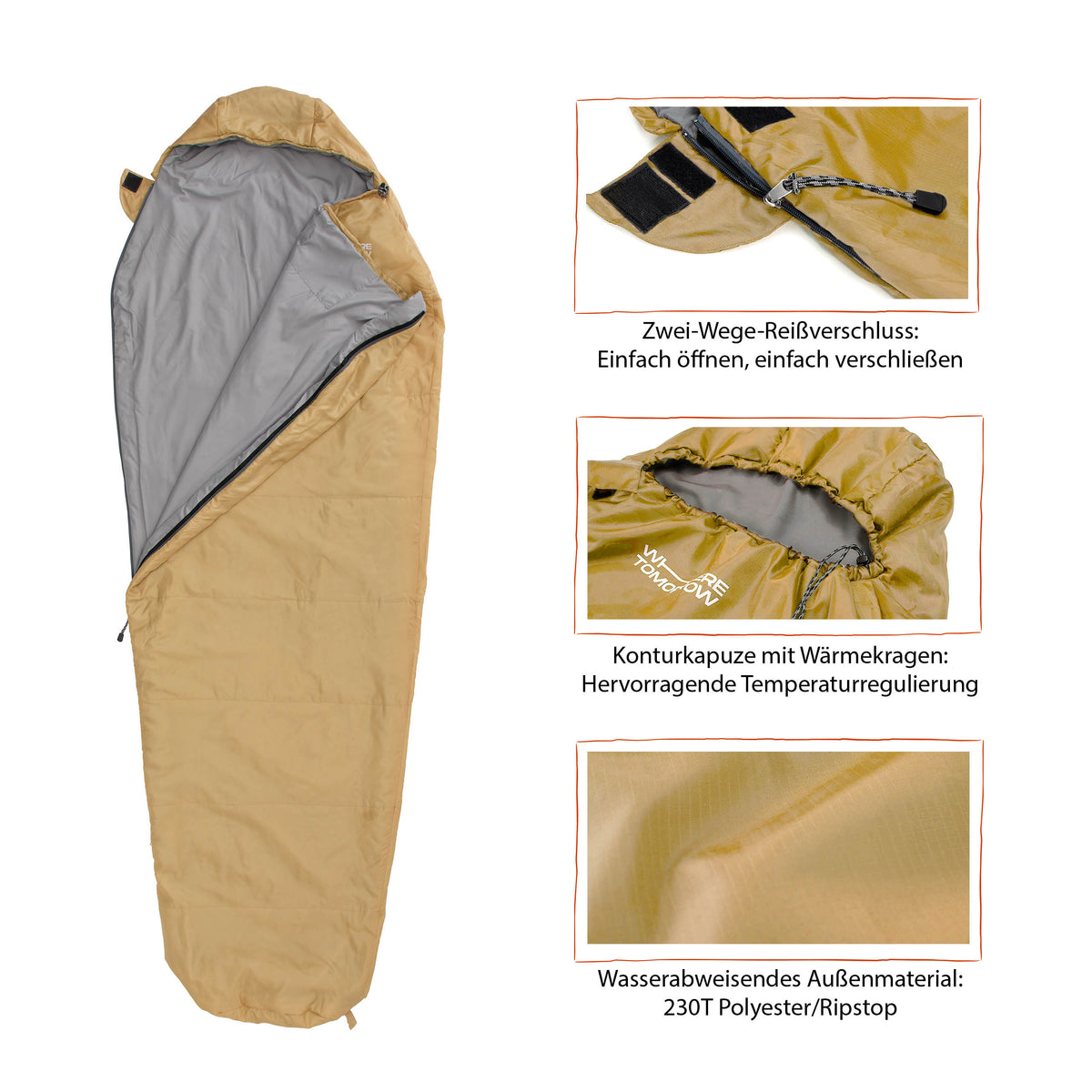 Camping Schlafsack Small & Light Curry mit wasserabweisendem Material, Zwei-Wege-Reißverschluss und Konturkapuze mit Wärmekragen.