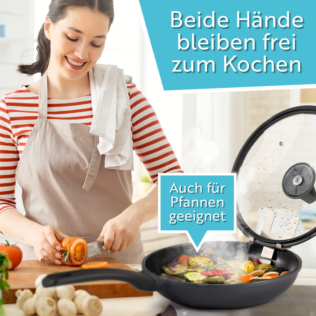 Topfdeckelhalter für Töpfe & Pfannen - 2er-Set ermöglicht freihändiges Kochen und passt auf Pfannen mit Silikonfüßen für sicheren Halt.