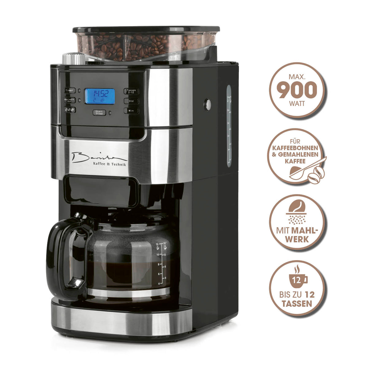 Kaffeemaschine mit Mahlwerk, 24-Stunden-Timer, digitales LCD-Bedienfeld, Glaskanne für 1,5 Liter und bis zu 12 Tassen Kaffee.