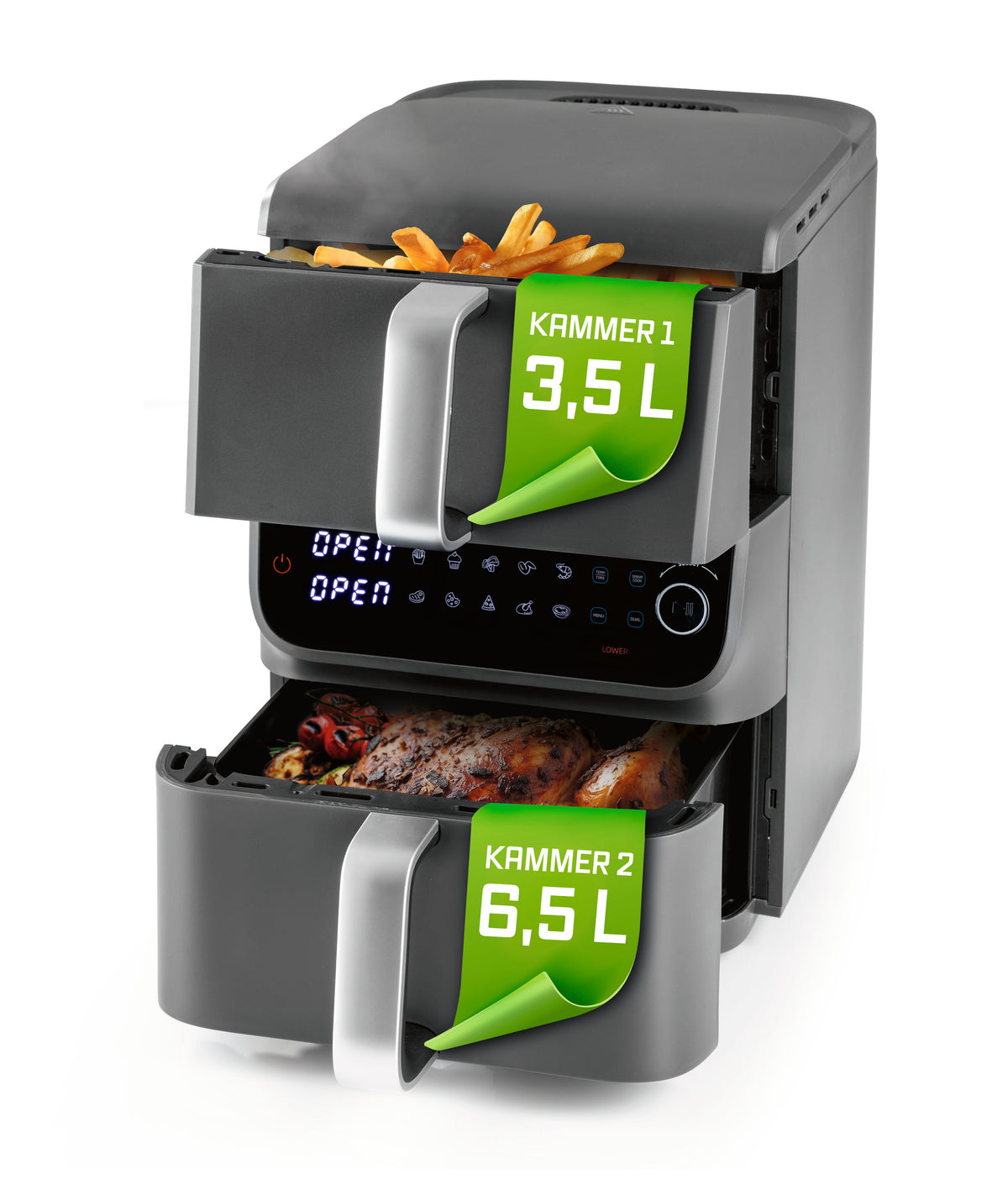 Vertikale Doppelkammer-Heißluftfritteuse MultiSize - 10 L mit 2 Kammern und 10-Liter Volumen für effizientes, platzsparendes Garen.
