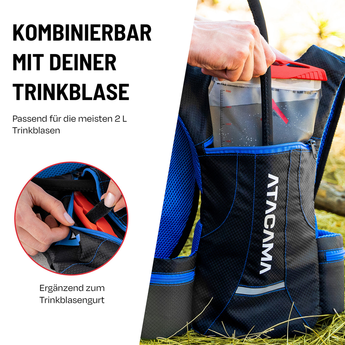Trinkrucksack für 2 L Trinkblase - Blau, robust, leicht, wasserfest mit praktischem Fach für die Trinkblase und zusätzliche Taschen.