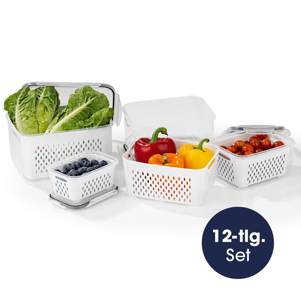 Frischhaltedosen für Kühlschrank mit Abtropfsieb, 12-teiliges Set, luftdicht, auslaufsicher, für frisches Obst und Gemüse.
