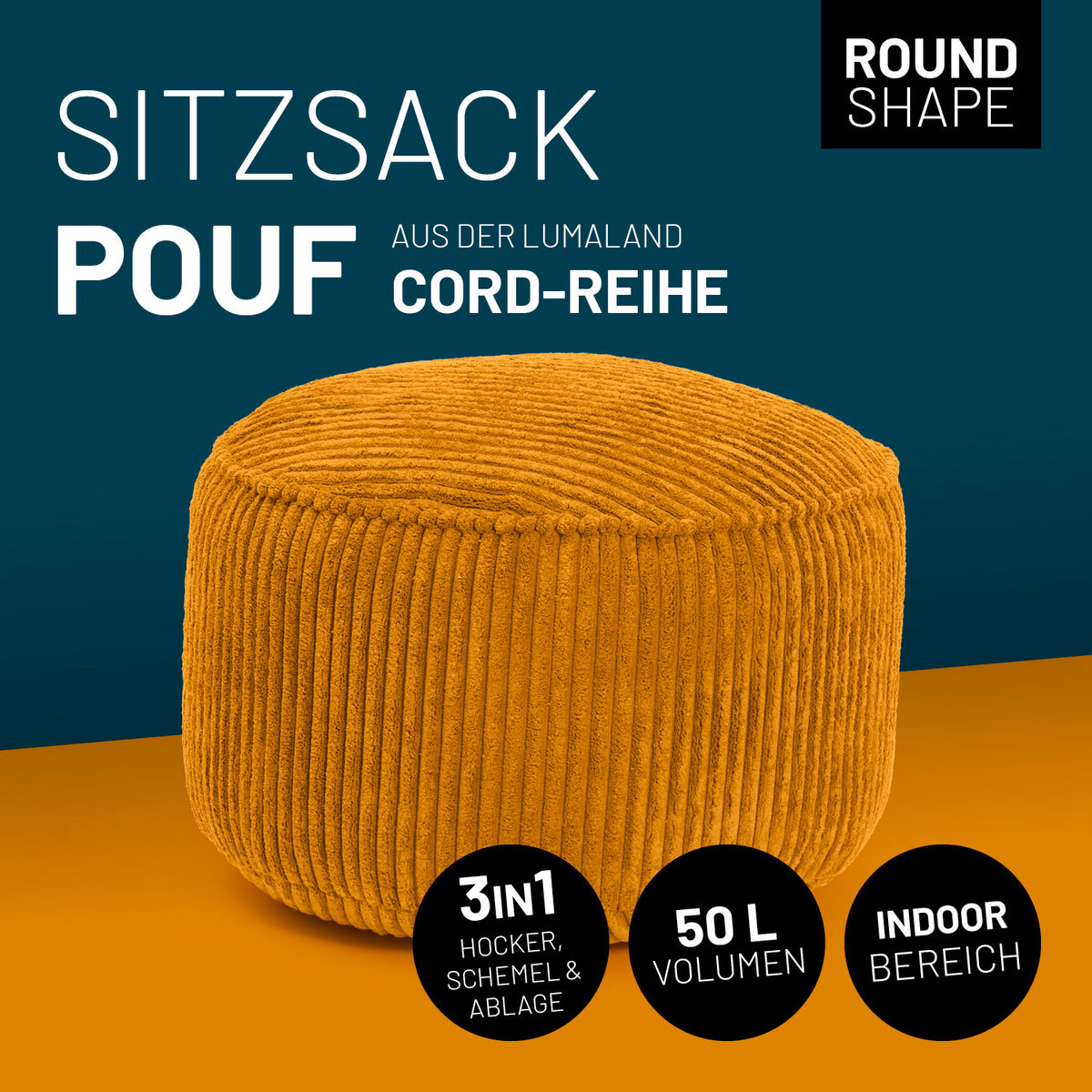 Sitzsack Pouf aus der Cord-Reihe - Senfgelb, runder Hocker mit 3in1-Funktion, 50L Volumen, Indoor, vintage Cord-Bezug