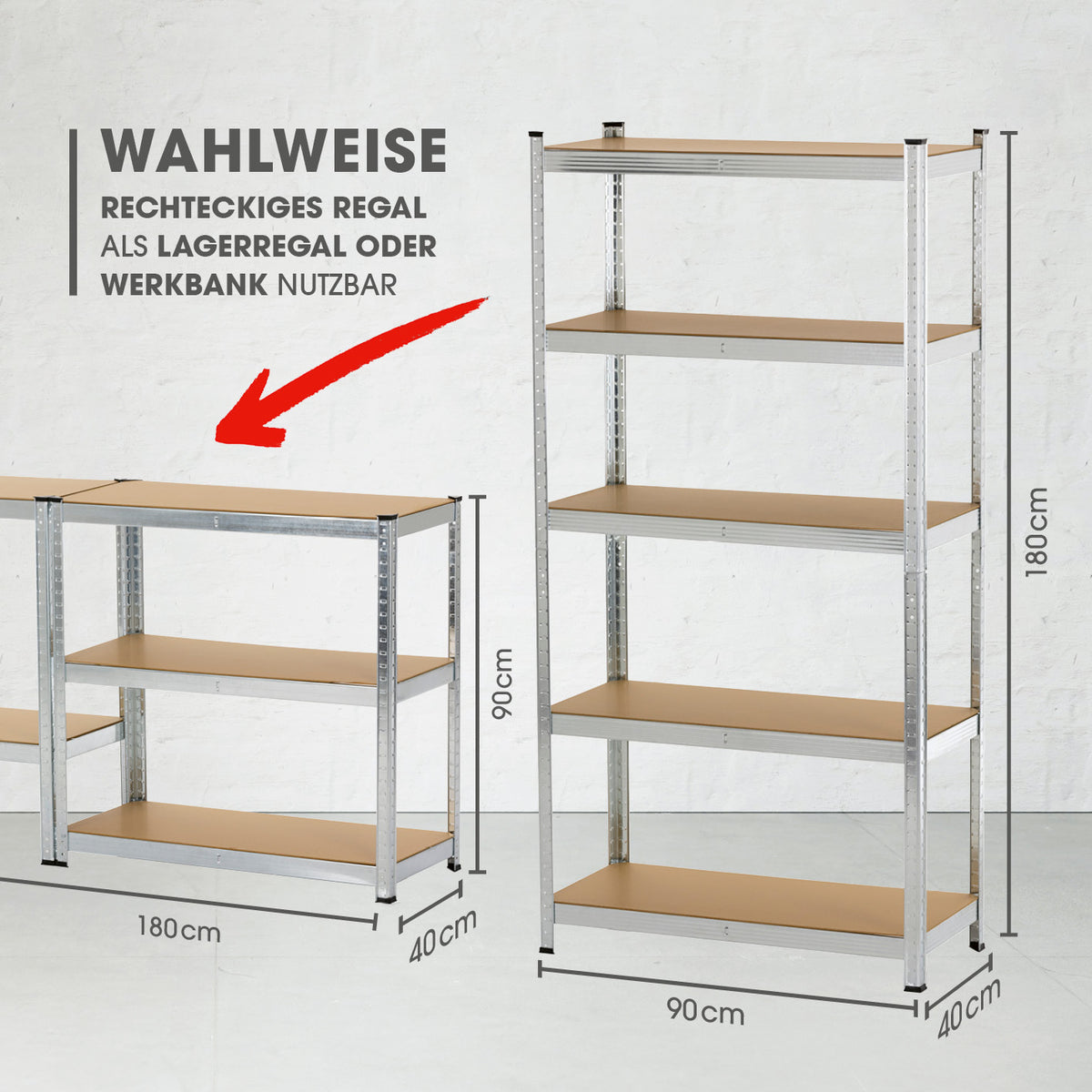 Schwerlastregal & Werkbank - 180 x 90 x 40 cm, Metall mit 5 MDF-Platten, 875 kg Traglast, auch als Werkbank nutzbar.