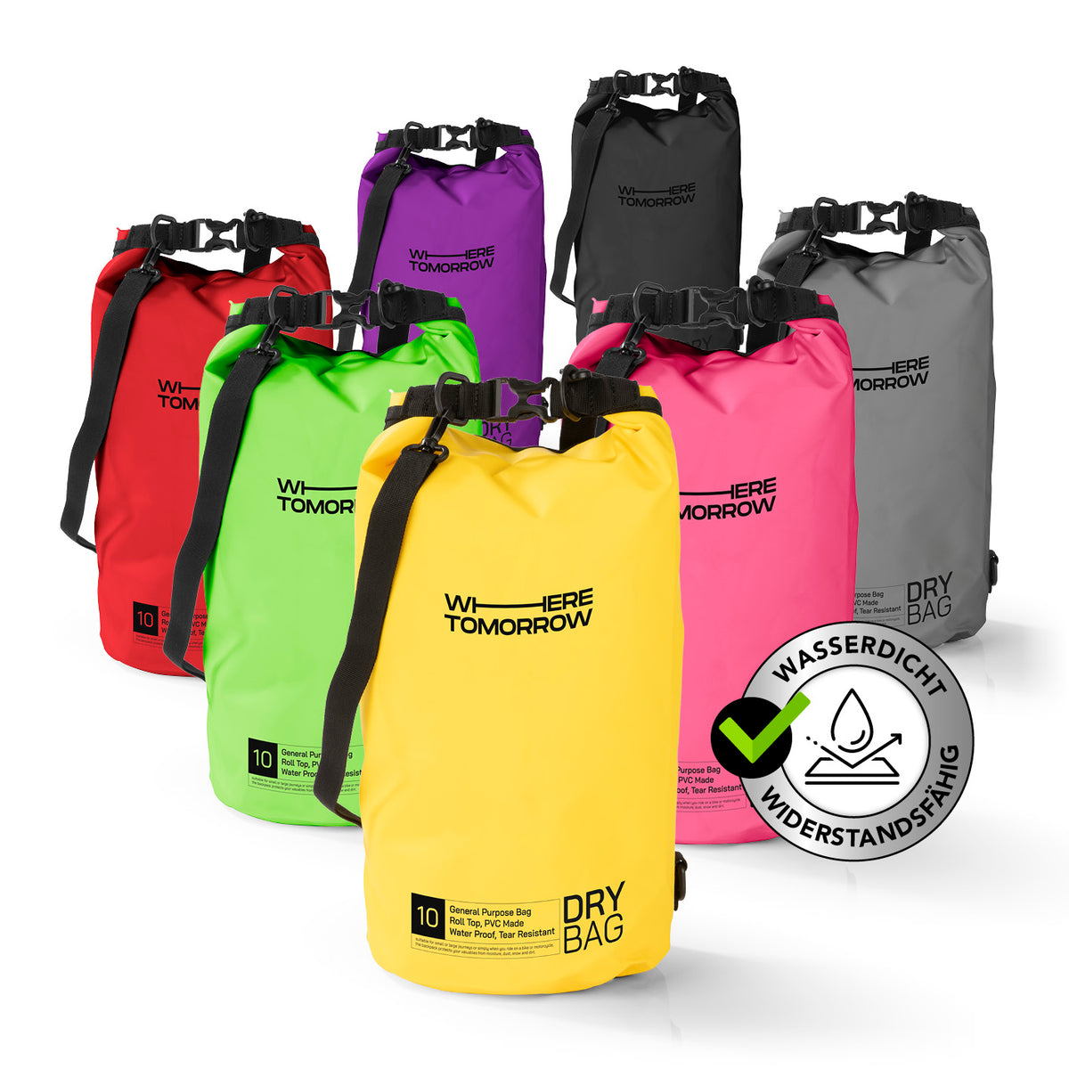 Dry Bag 10L - Style 01 - Gelb wasserdichter, robuster Outdoor-Rucksack mit Rolltop-Verschluss und verstellbarem Schultergurt von Where Tomorrow.
