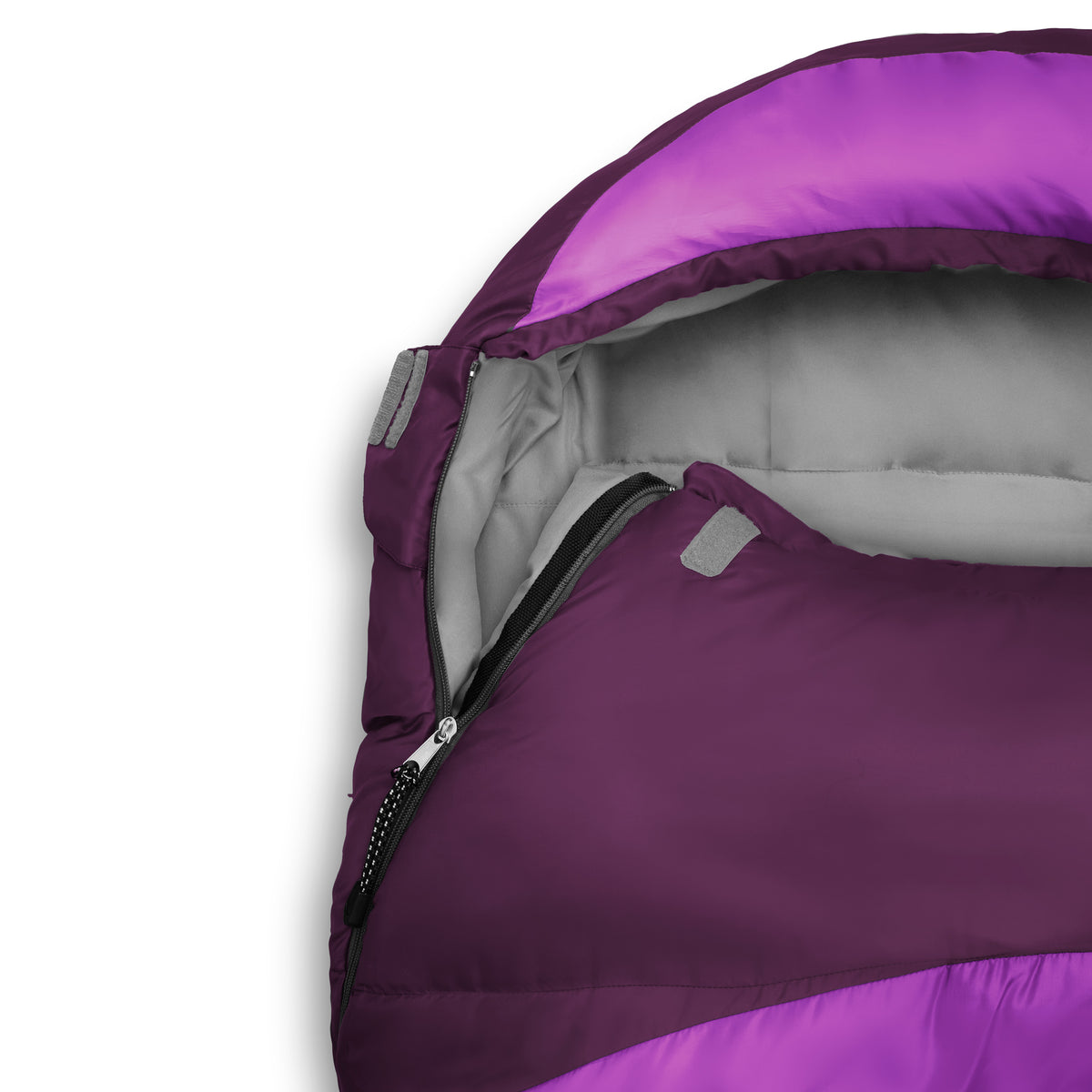 Camping Schlafsack Small & Light lila mit wasserabweisendem Material, Konturkapuze, Wärmekragen und praktischem Packsack.