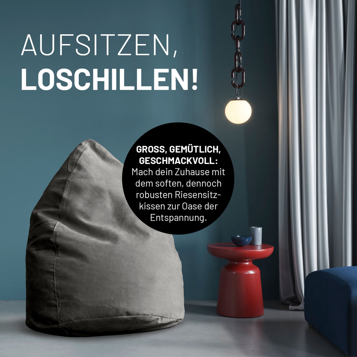 Luxury XL PLUS Sitzsack (220 L) Grau, großes, gemütliches Sitzkissen aus robustem Material für entspanntes Sitzen und Chillens indoor.