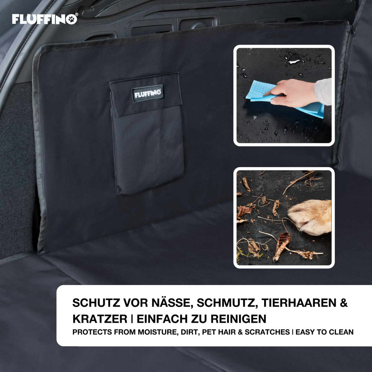 Kofferraumschutz für Hund inkl. Seiten- & Ladekantenschutz in dunkelgrau, wasserfest, kratzfest und einfach zu reinigen.