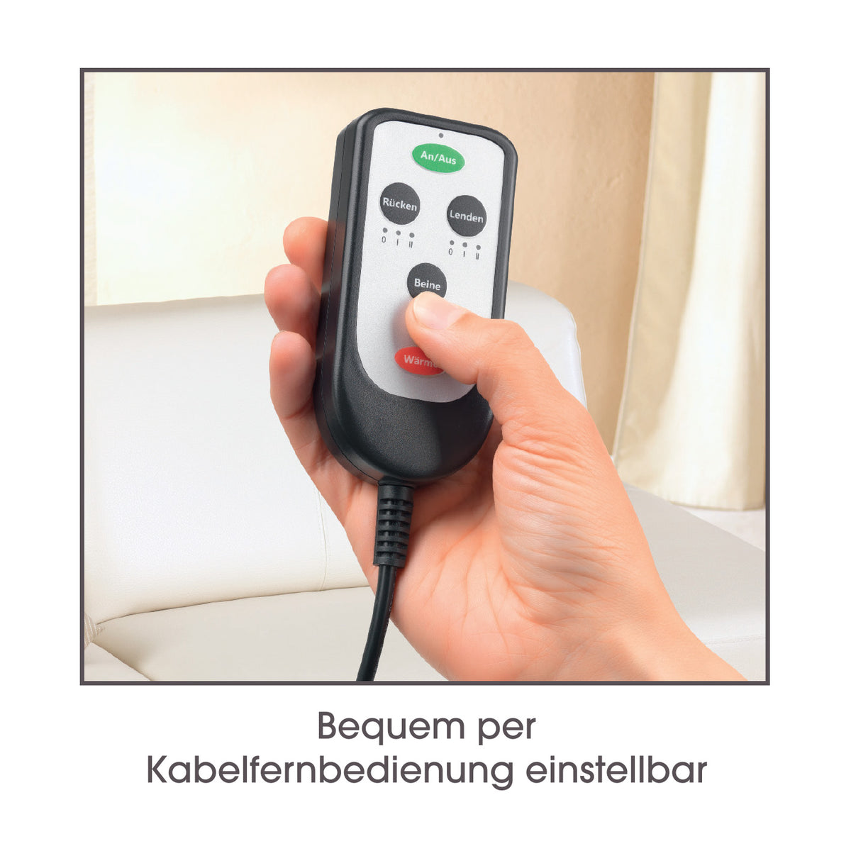 Massagematte 5-Zonen 12V schwarz mit Fernbedienung zur Steuerung von Wärme und 3 Massagezonen für Nacken, Rücken und Beine.