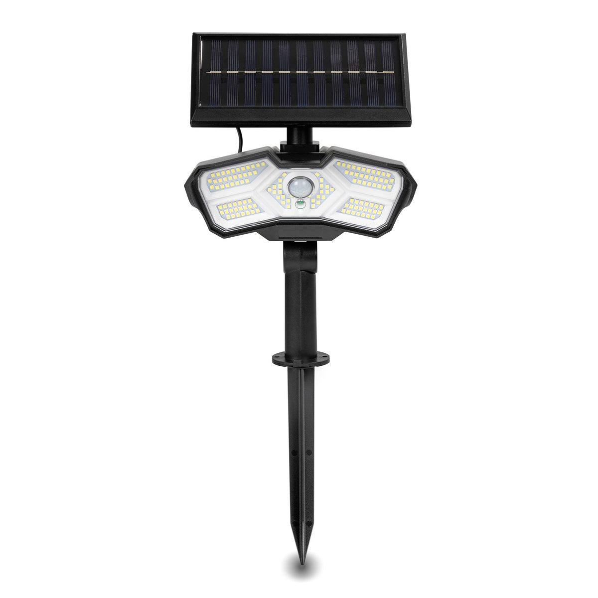 LED-Solarstrahler mit Bewegungsmelder, solarbetrieben, mit 3m Kabel, 3 Lichtmodi und flexibler Montage für Garten, Garage oder Terrasse.